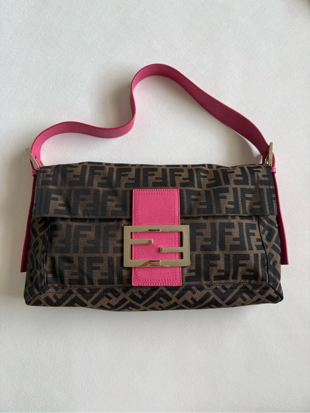 Fendi Large Monogram Baguette with Pink Trim
